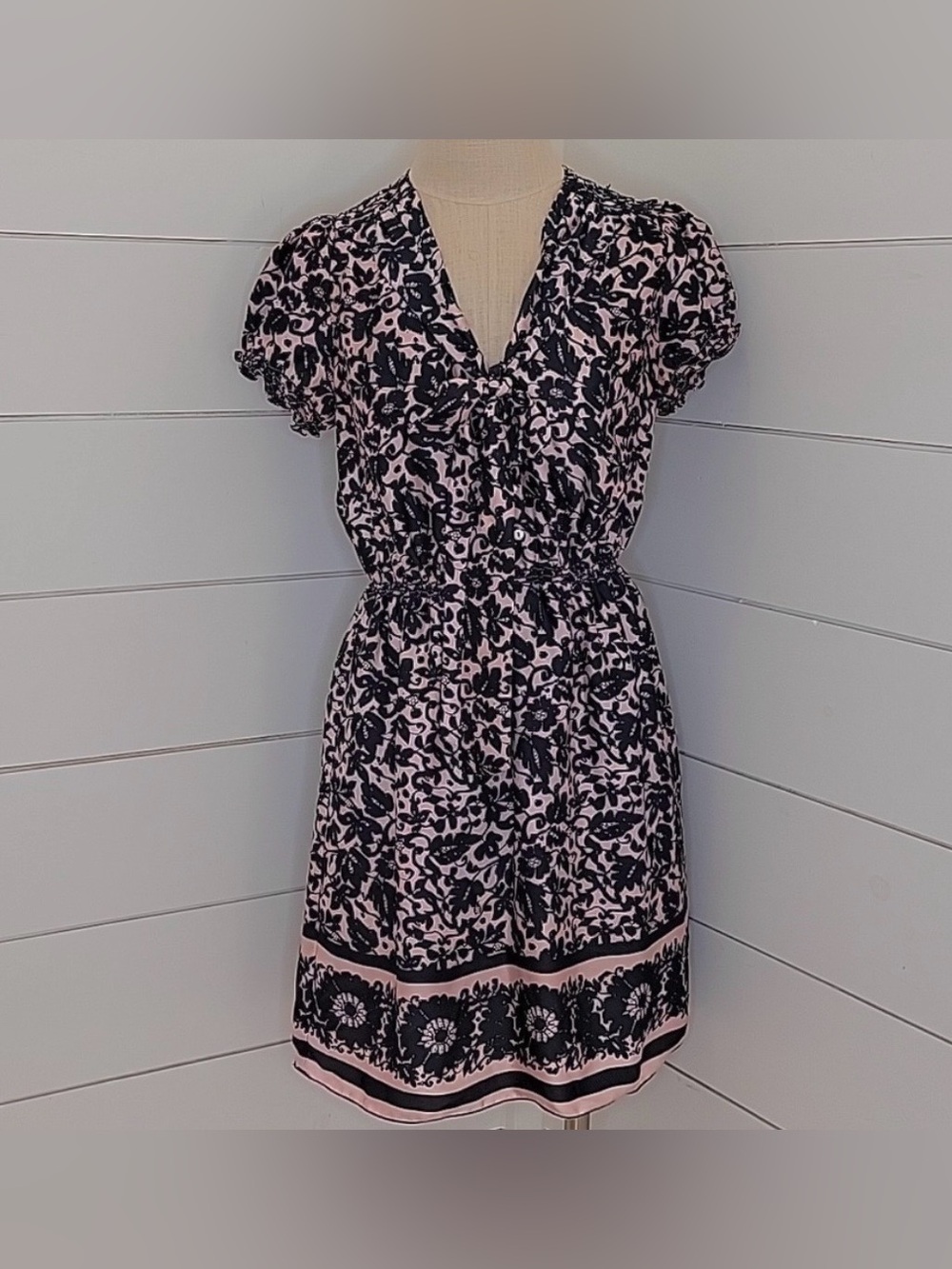 Max Studio Pink and Black Floral V-Neck Short Dress Size S